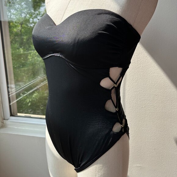 Kenneth Cole Medium Solid Black Side Loop Bandeau One Piece Swimsuit w/Straps - Picture 1 of 7